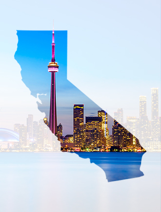 Canada Sales Mission. Silhouette of California with photo of Toronto seen through the state silhouette.