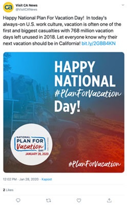 Visit California social media for National Plan for Vacation Day