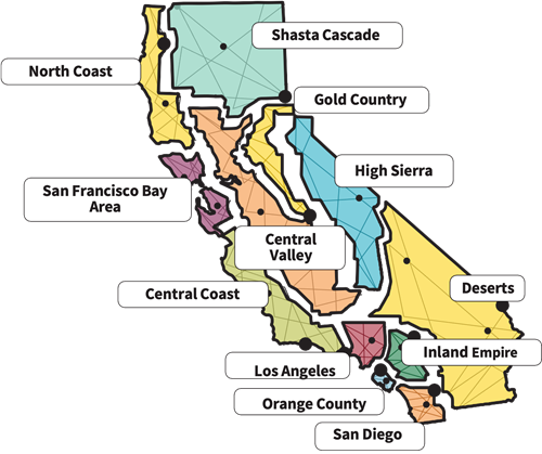 Map of the tourism regions of California